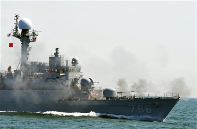 A South Korean patrol boat fires during a drill off the western coast town of Taean, South Korea, Thursday.